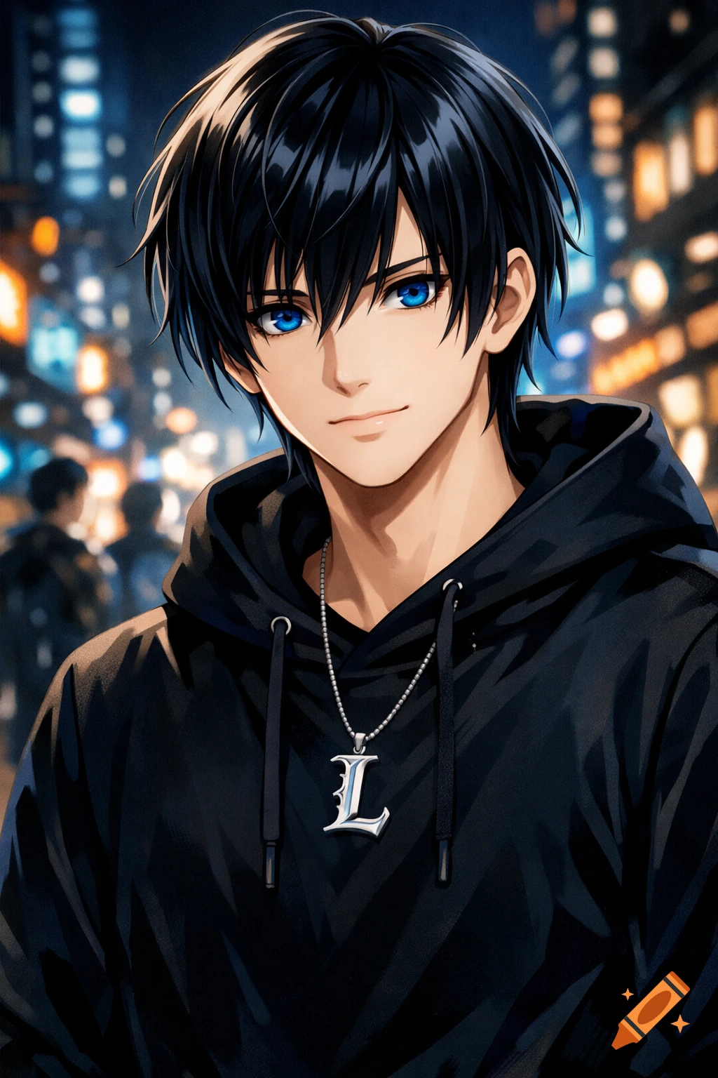 An anime boy with black hair and blue eyes wears a black hoodie and an ...
