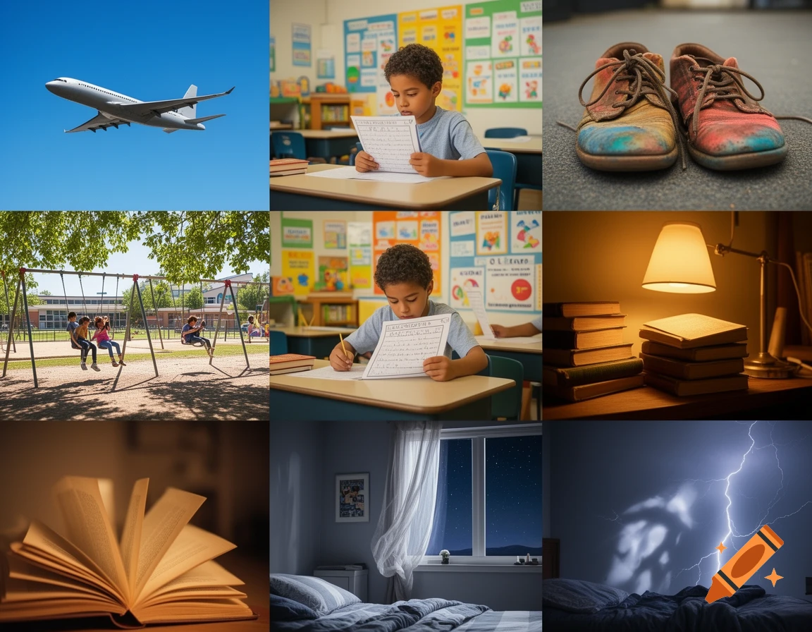 A 3x3 grid showing diverse scenes: an airplane, a boy studying, old shoes, children on swings, a lit desk with books, an open book, a starry bedroom, and a lightning strike.