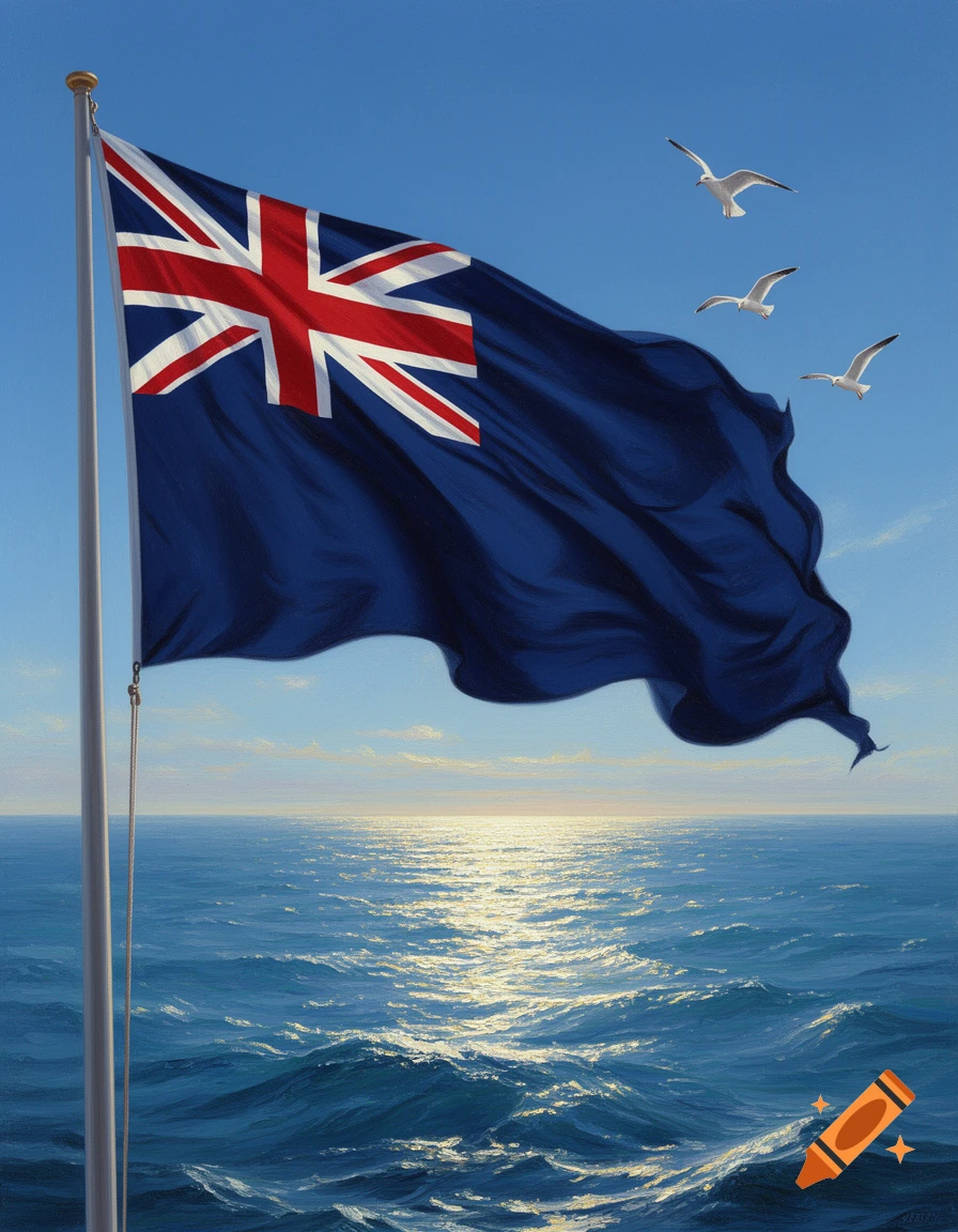 A Blue Ensign flag waves from a flagpole over a sunlit ocean, with three seagulls flying against a clear blue sky.