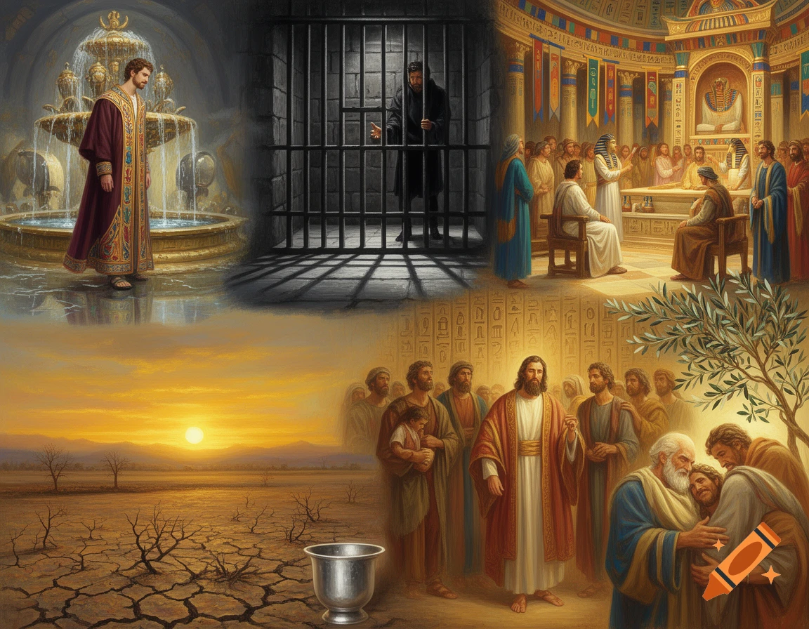 Multi-panel painting depicting the biblical story of Joseph: by a fountain, in prison, at an Egyptian court, a barren desert during famine with a silver cup, and a reunion with his father.