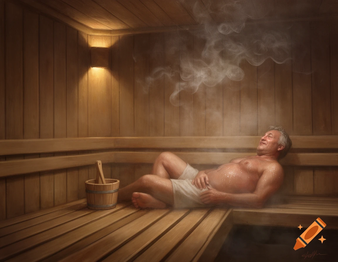 A smiling man relaxes on a wooden bench in a steamy sauna, with a bucket and ladle nearby. Photorealistic style.