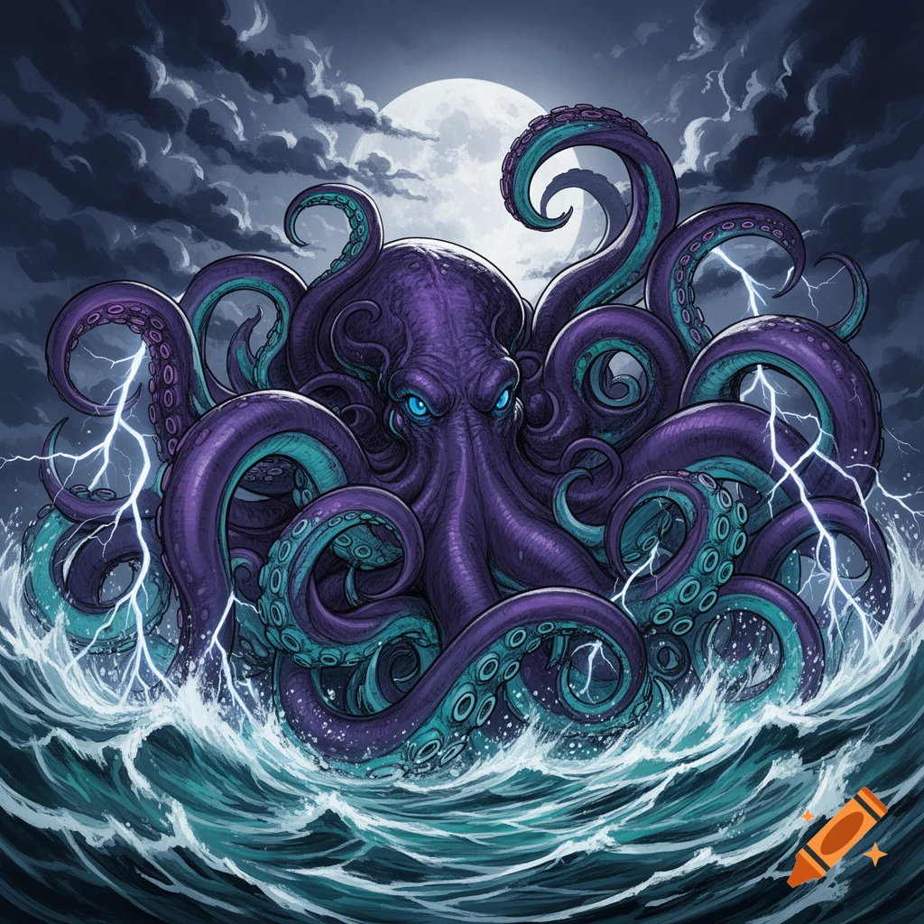 A giant purple kraken with blue eyes rises from stormy ocean waves, lightning striking around it under a full moon. Manga style.