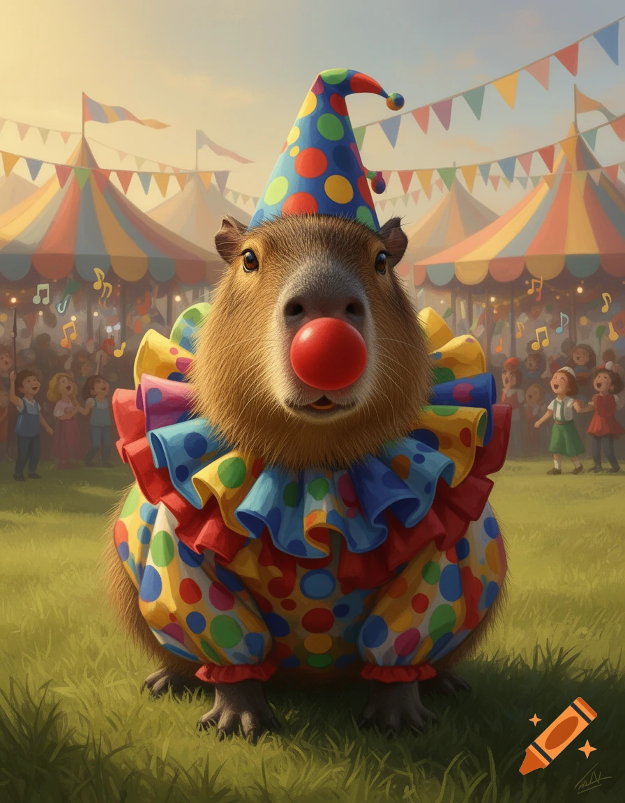 A capybara dressed as a colorful clown with a red nose and party hat, standing in grass at a festive carnival with tents and blurred people in the background.