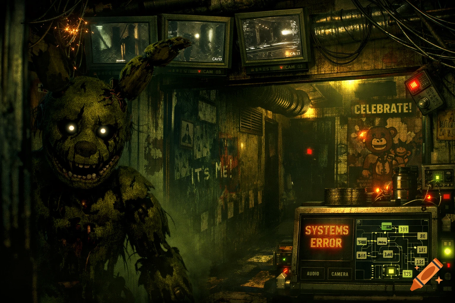 An ominous image of a decaying animatronic (Springtrap) with glowing eyes in a dark, grimy security room, with 'SYSTEMS ERROR' on a monitor.