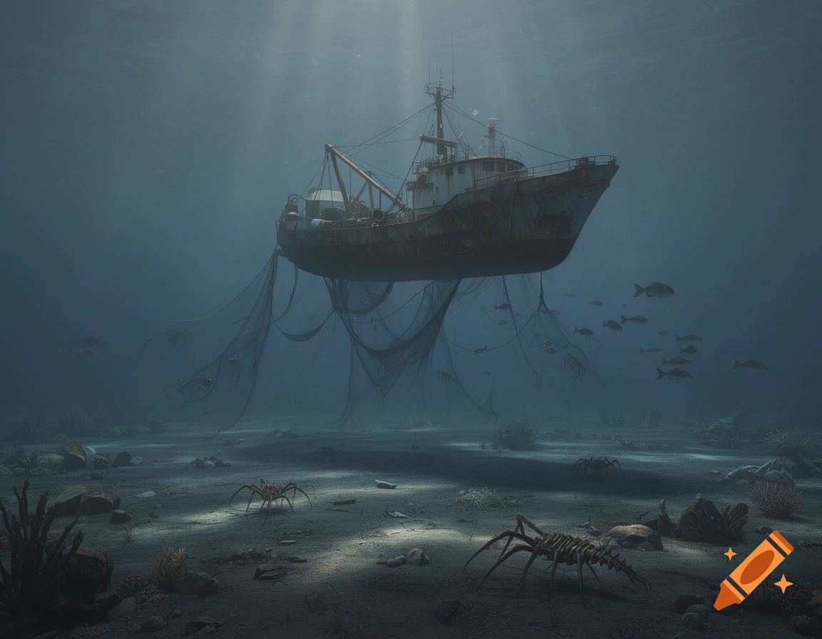 An old fishing boat with nets hanging below it floats above a dark, eerie seabed with large spider-like creatures.