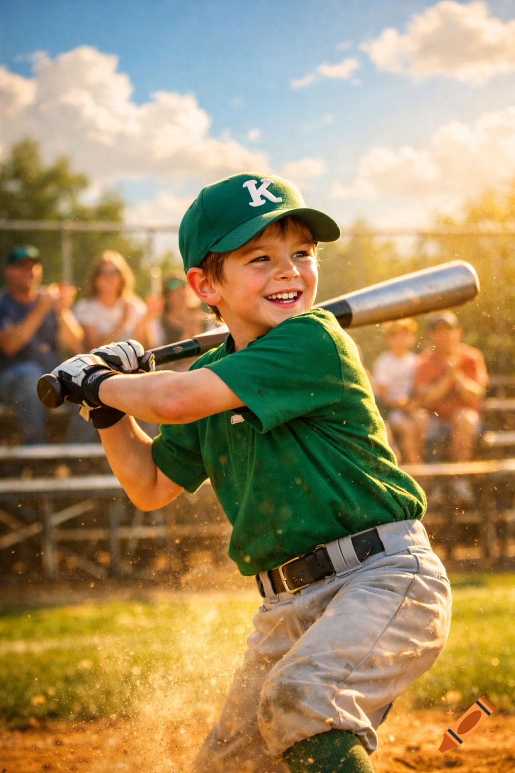 A smiling young boy in a green baseball uniform and K-logo hat swings a bat, kicking up dust on a sunny field.