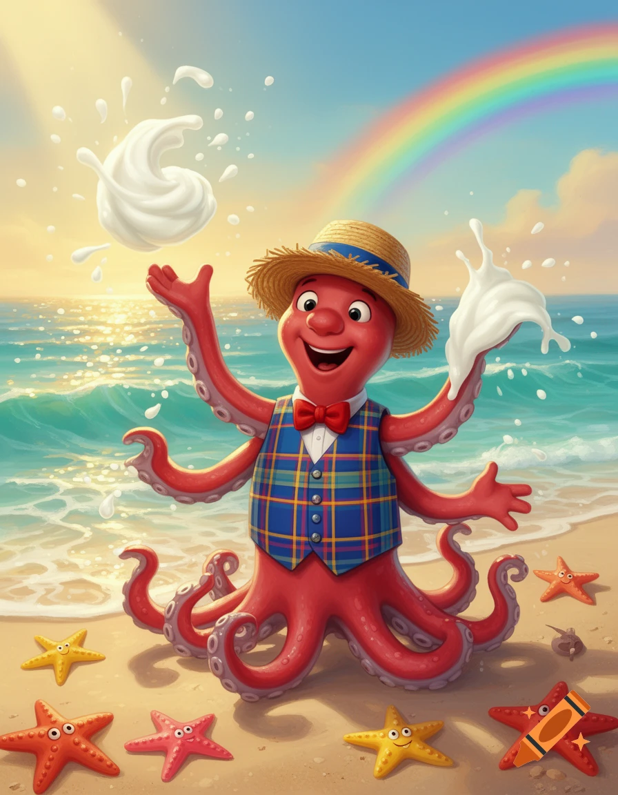 A happy, cartoon red octopus in a straw hat and plaid vest juggles white splashes on a sunny beach with a rainbow and smiling starfish.