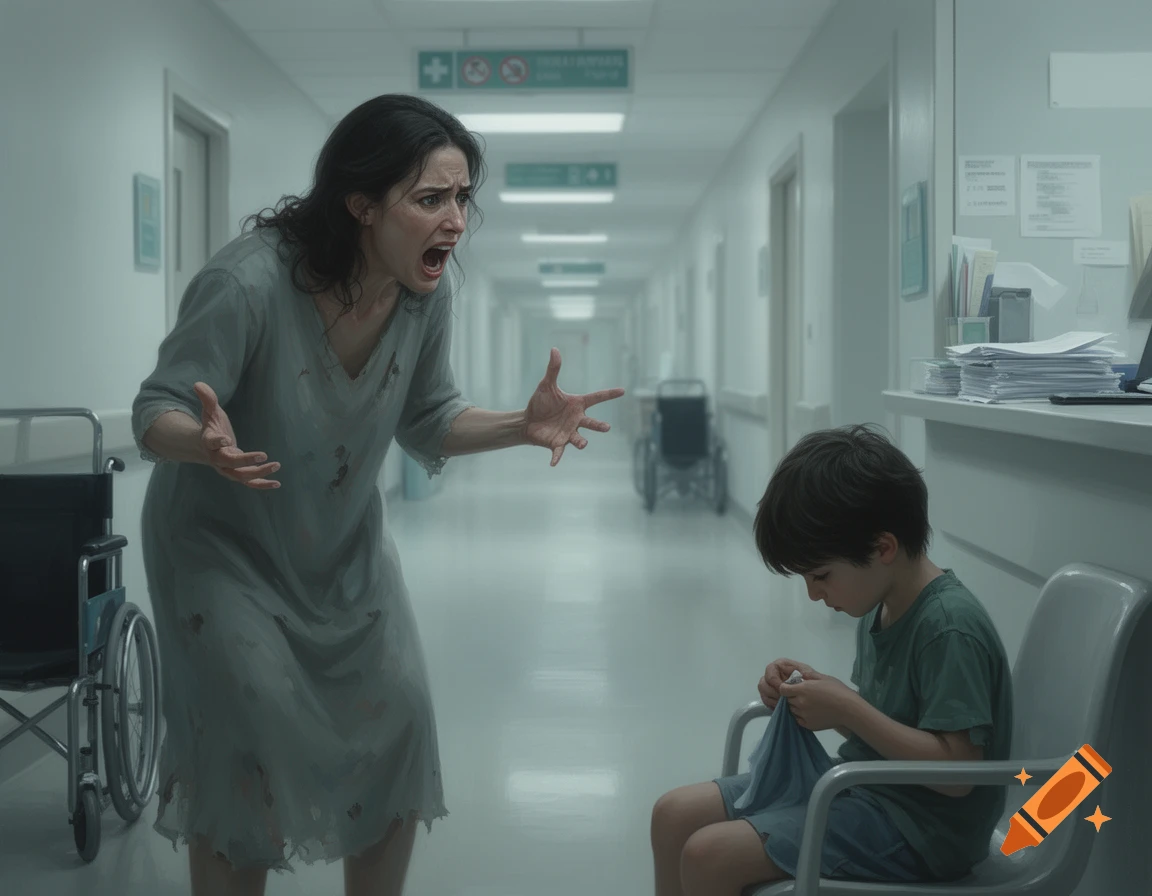 A distressed woman in a hospital gown yells with outstretched hands at a young boy sitting quietly in a chair, looking down, in a sterile hospital hallway.