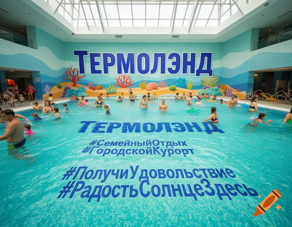 An indoor water park with many people swimming in a large pool, featuring a "Термолэнд" sign on the wall and text on the pool bottom.