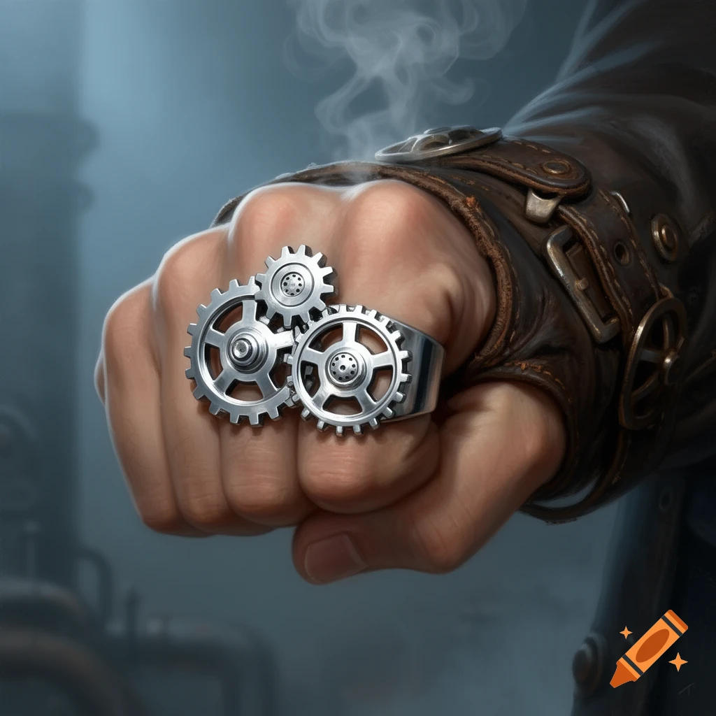 A close-up of a clenched fist wearing a silver steampunk ring with three interlocking gears, a leather wrist cuff, and smoky background.
