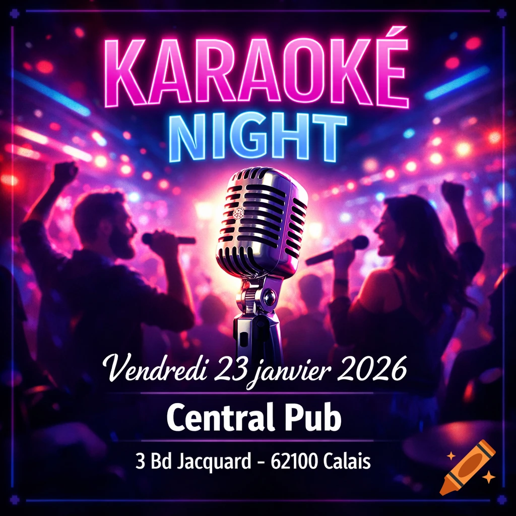 Neon-lit karaoke night poster with a vintage microphone, silhouetted singers, and event details.