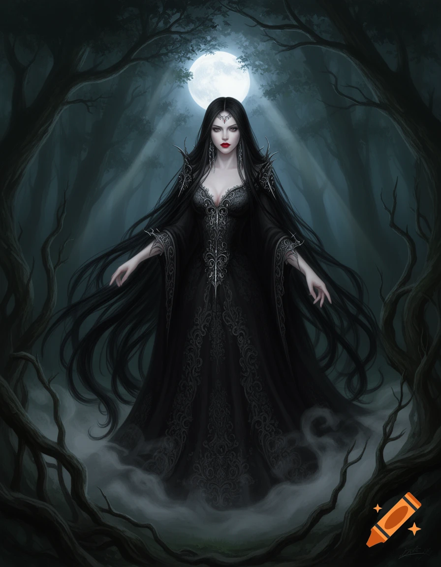A pale gothic woman with long black hair and an ornate black dress stands in a misty, dark forest under a full moon.
