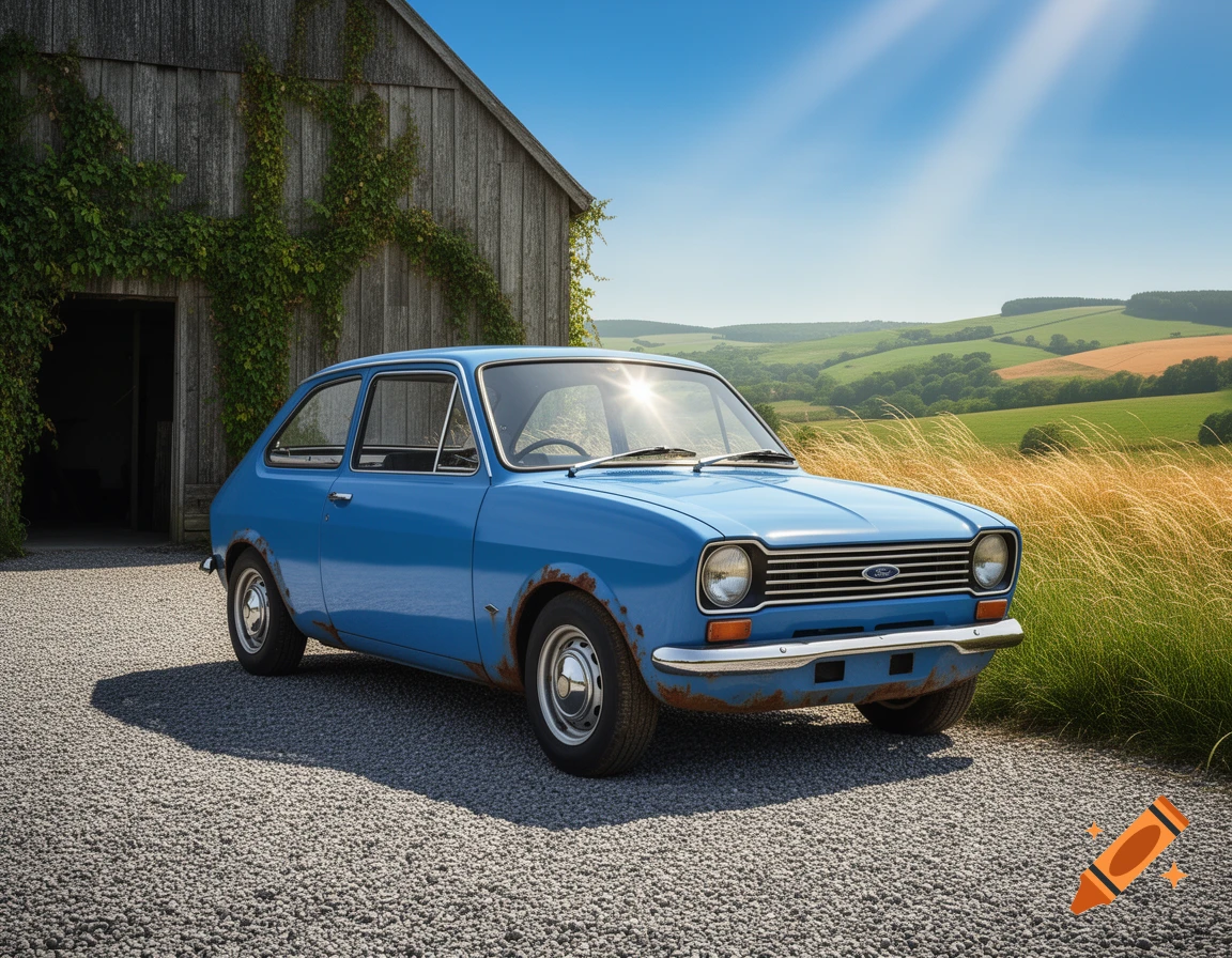 A blue, rusty classic Ford Fiesta is parked on a gravel driveway next to a wooden barn, with rolling green hills and a field in the background under a sunny sky.