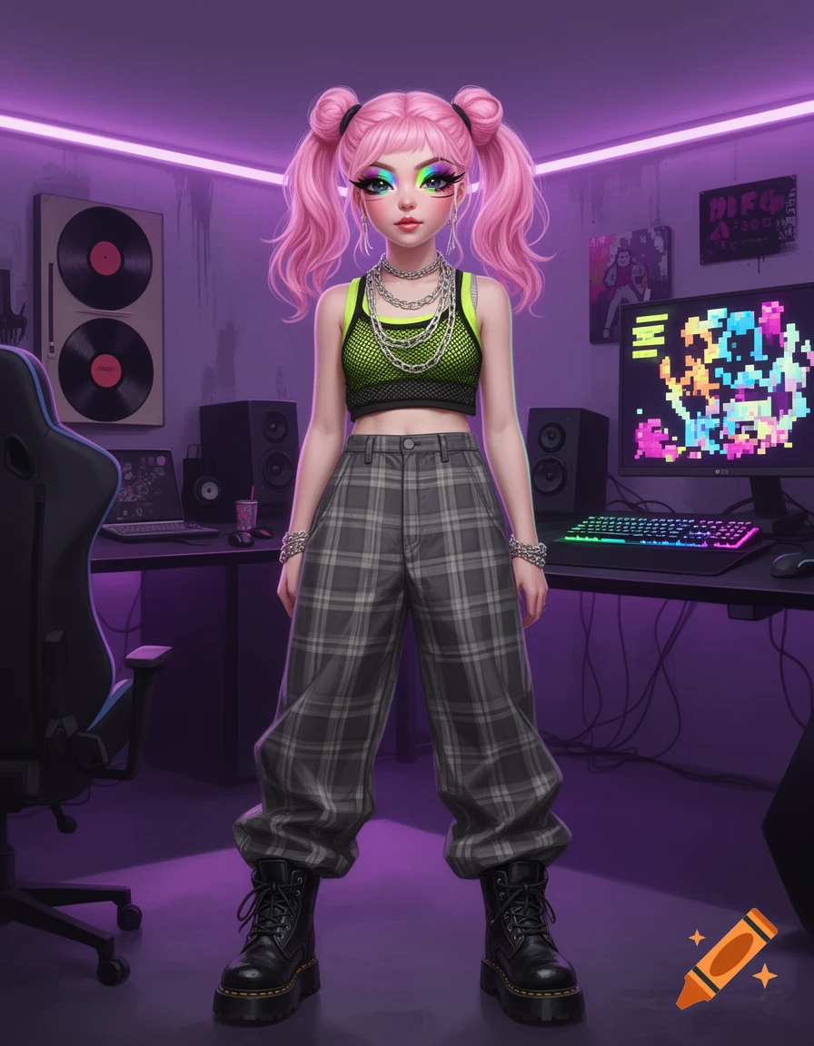 A stylized egirl with pink pigtails, a neon green top, and plaid pants stands in a purple-lit gaming room.