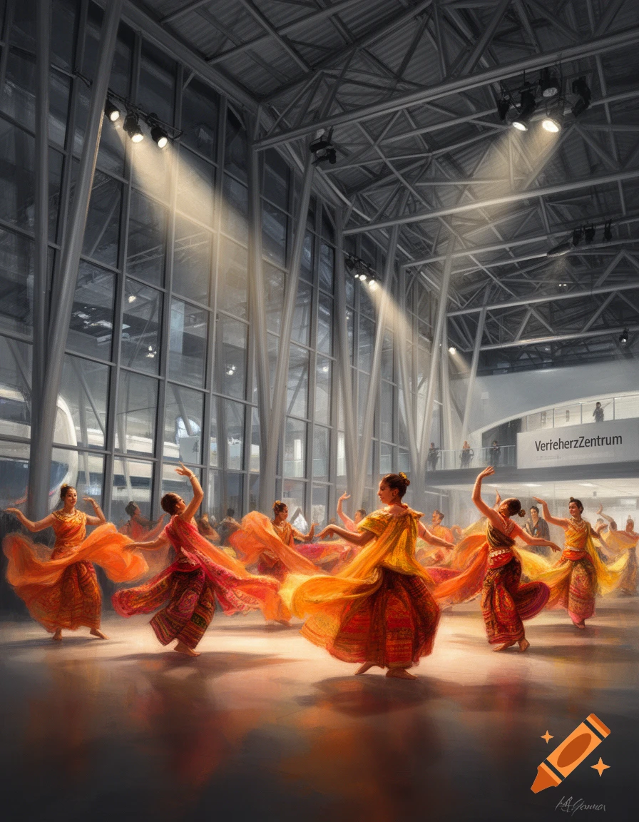 Women in vibrant traditional attire dance gracefully under spotlights in a spacious, modern hall with large glass windows.