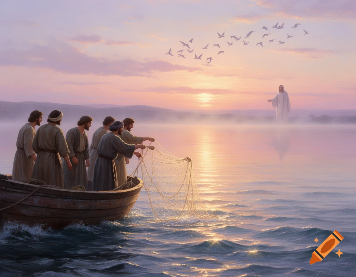 Jesus stands on water at sunrise, calling fishermen from their boat, in a serene, painterly style.