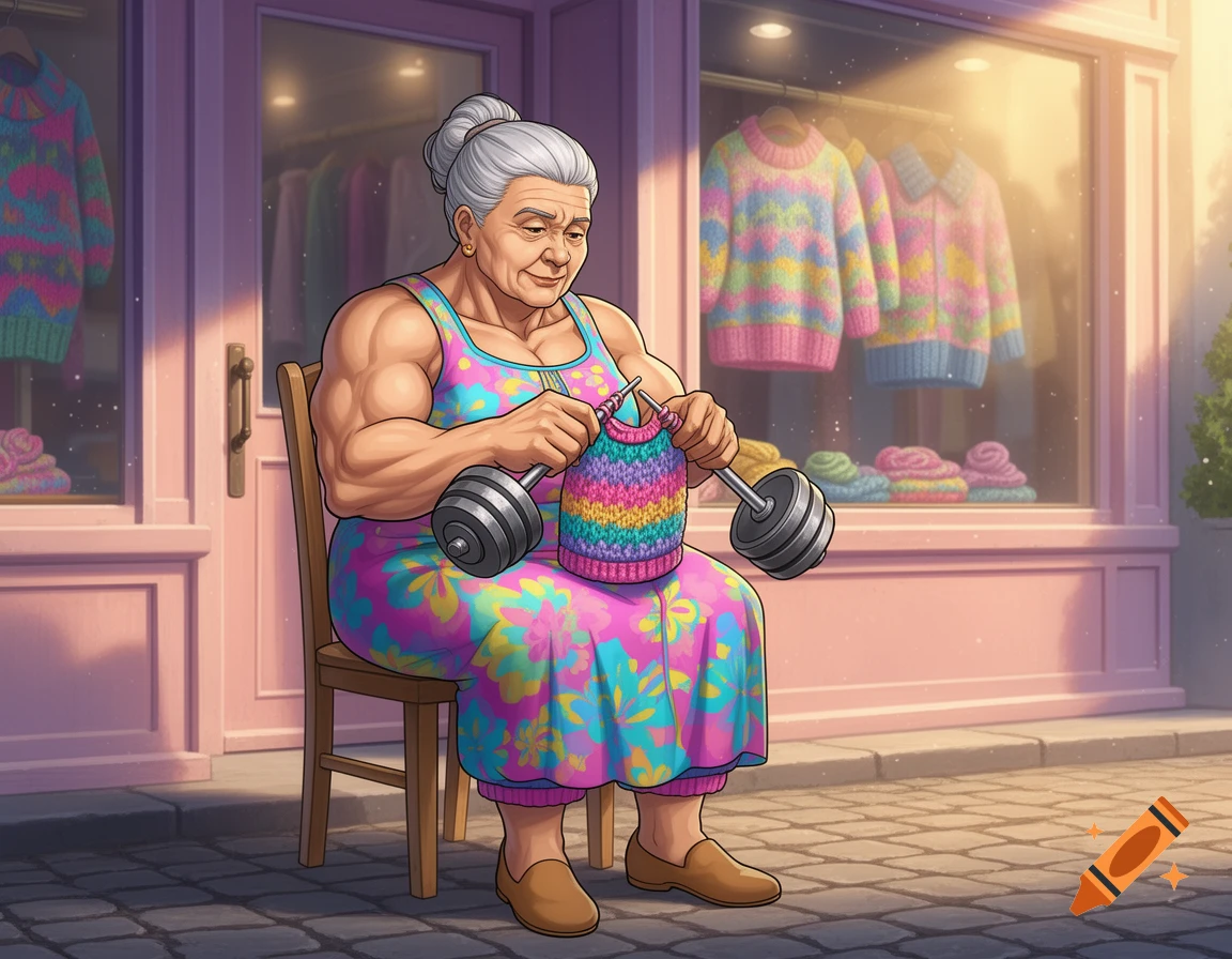 A super muscular elderly woman in anime style sits on a chair outside a pastel store, knitting a colorful sweater using dumbbells as knitting needles.