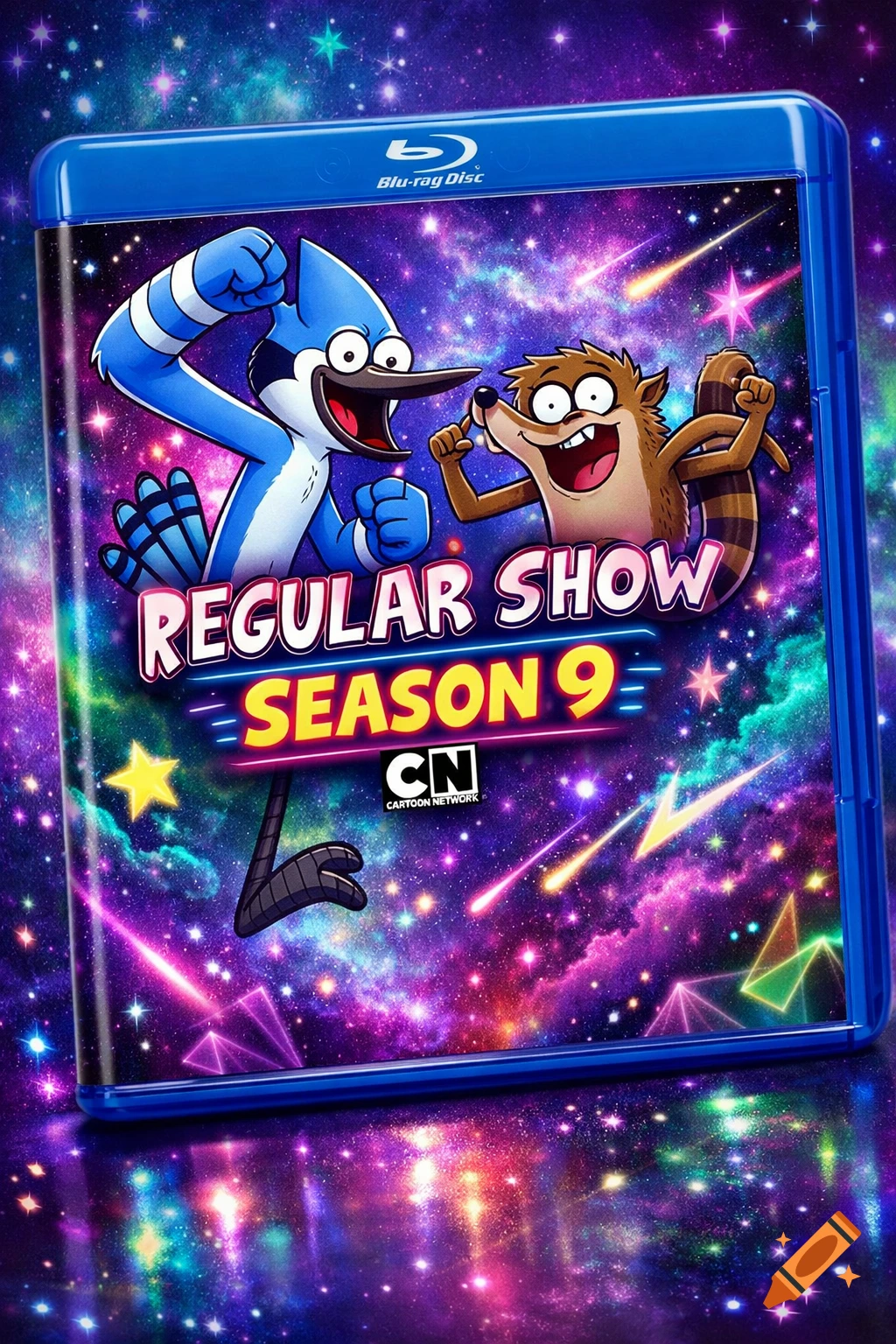 Blu-ray cover for Regular Show Season 9, featuring Mordecai and Rigby on a vibrant starry, cosmic background.