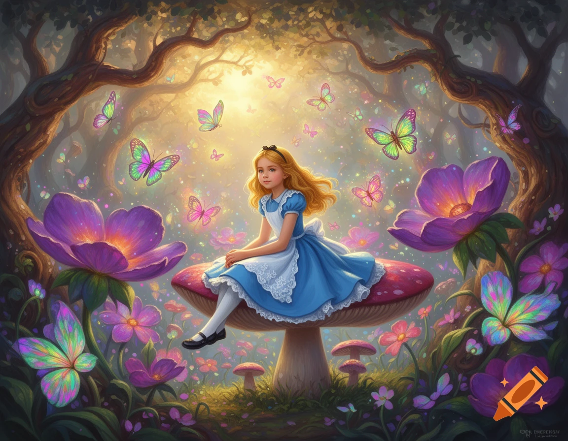 A young girl resembling Alice in a blue dress sits on a large red mushroom in a magical, vibrant forest with glowing butterflies and large purple flowers.