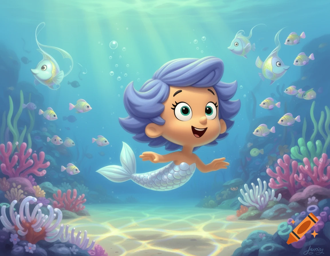 Happy cartoon mermaid with purple hair and a shimmering tail swims underwater amidst colorful coral and tropical fish.