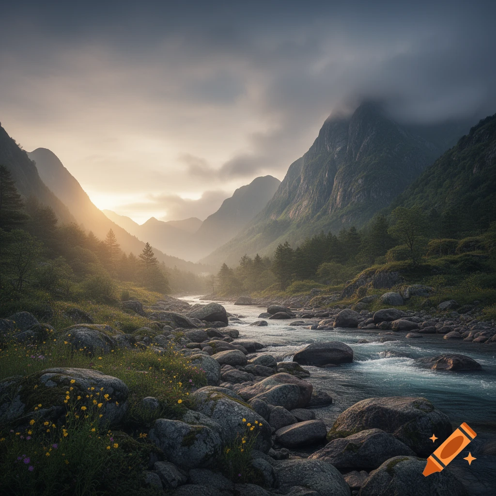 A photorealistic landscape of a river flowing through a rocky valley ...
