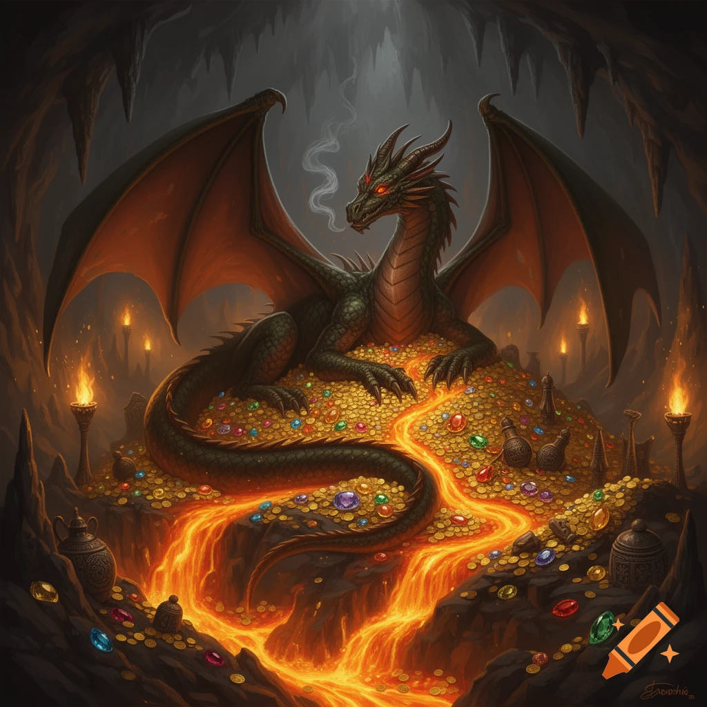 A formidable green dragon with red eyes rests on a pile of gold coins and gems in a torchlit cave with flowing lava.
