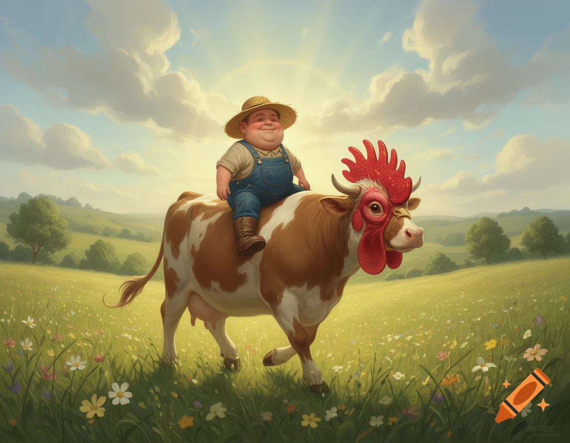 A smiling farmer in a straw hat rides a brown and white cow with a red ...
