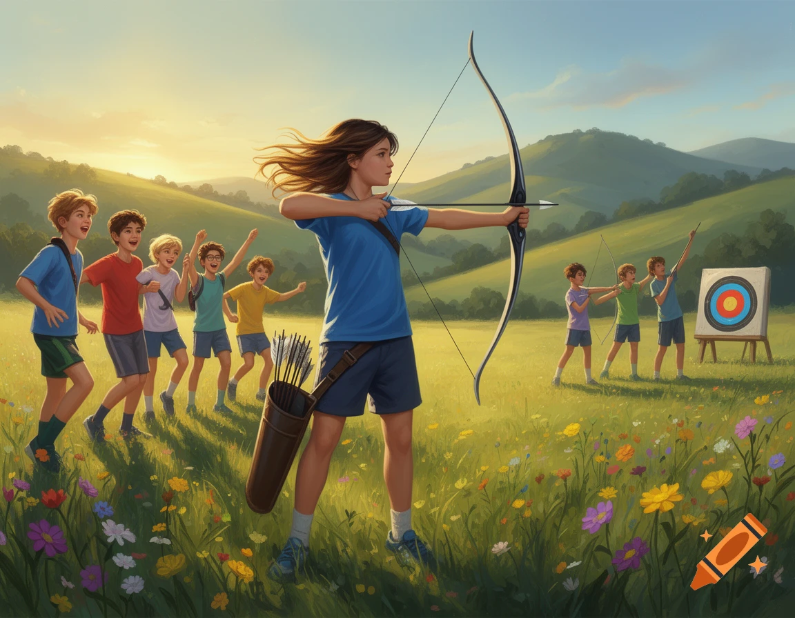 A girl aiming a bow and arrow, with other children learning archery in a sunny, wildflower field with rolling green hills.