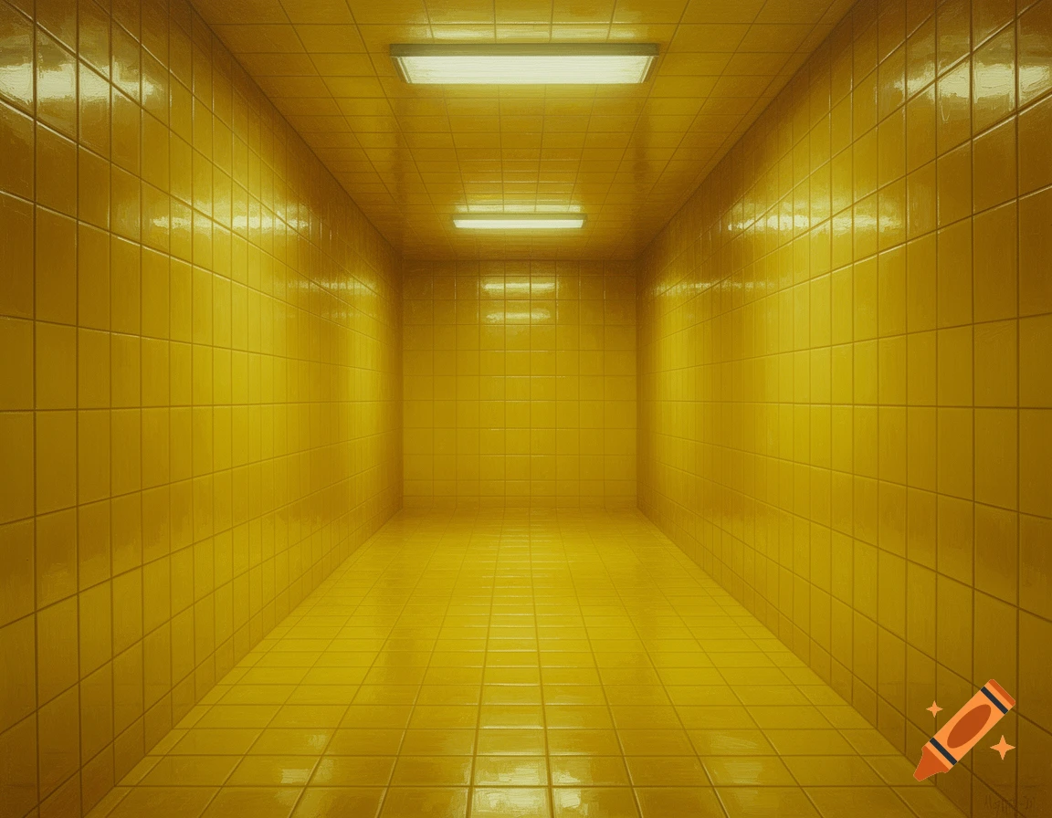 A long, empty corridor with walls, floor, and ceiling covered in bright yellow tiles, illuminated by fluorescent lights.