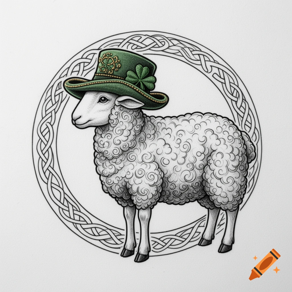A fine-line tattoo illustration of a sheep wearing a green Irish top hat with a shamrock, set within a Celtic knot circle.