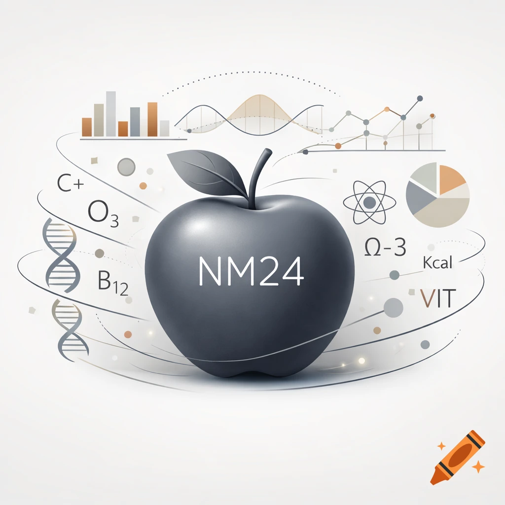 Stylized dark gray apple with "NM24" text, surrounded by graphs, DNA strands, and nutritional symbols on a white background.