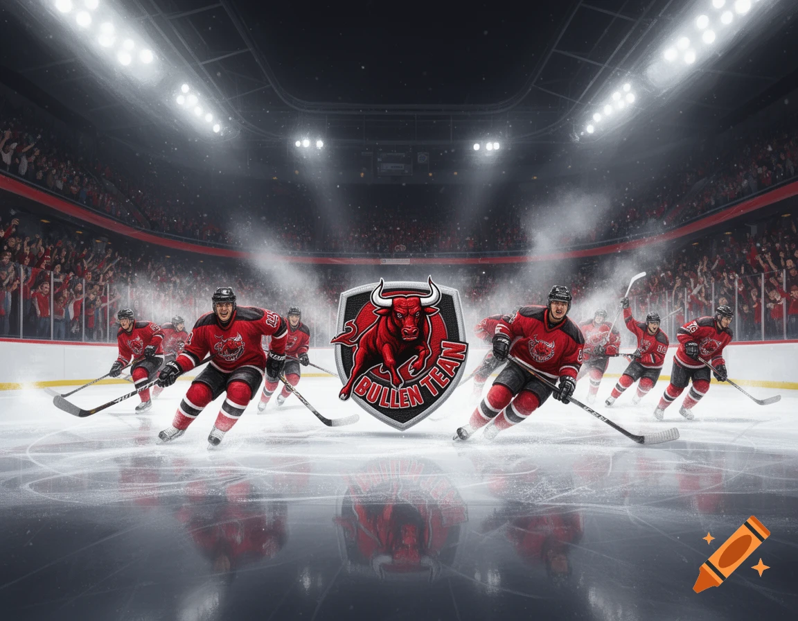 An ice hockey team in red and black uniforms skates on a rink, centered by a bull logo, with a cheering crowd in a brightly lit stadium.