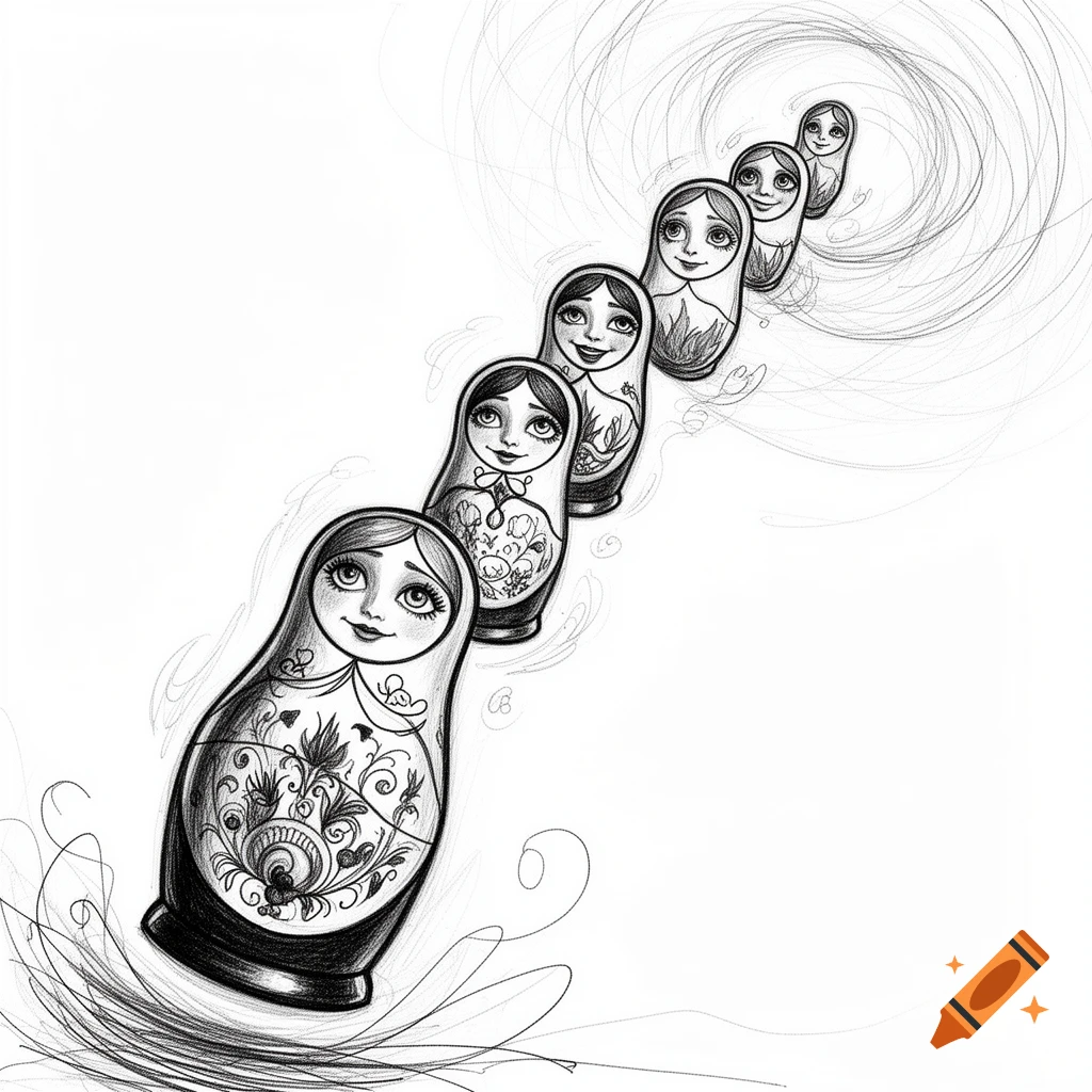 Black and white sketch of multiple matryoshka dolls in motion, opening and flying, with faces changing from neutral to happy.