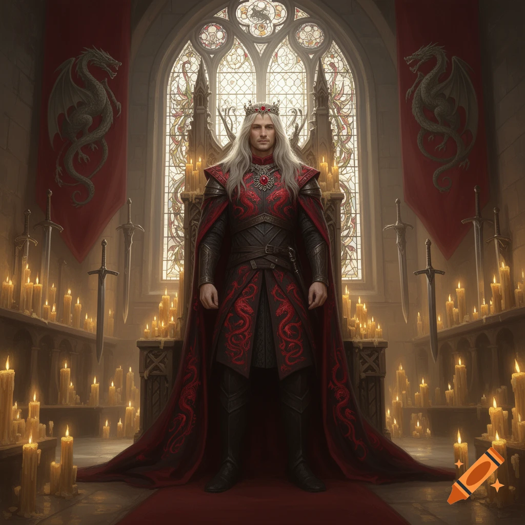 A regal man with white hair and crown in a red and black dragon robe and cape stands among lit candles in a gothic hall.