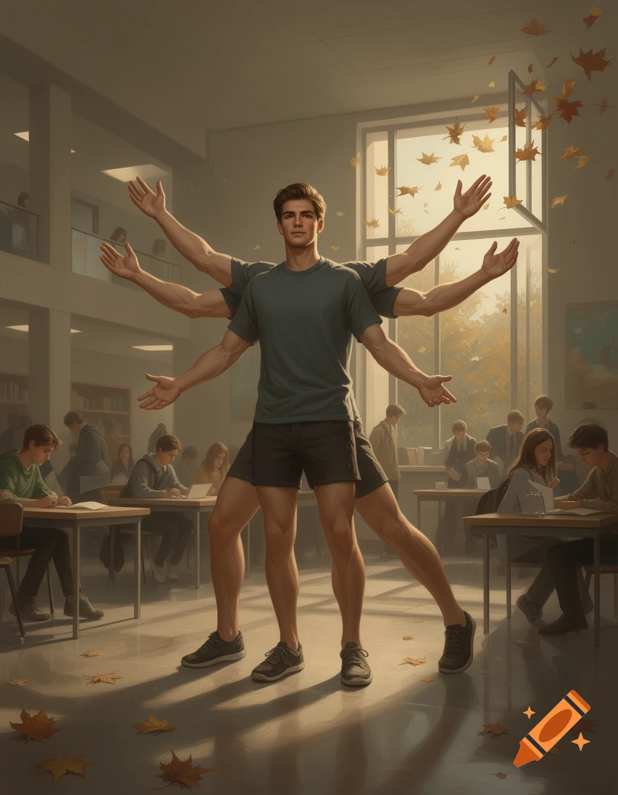 A photorealistic multi-limbed man stands like Vitruvian Man in a college classroom with autumn leaves.