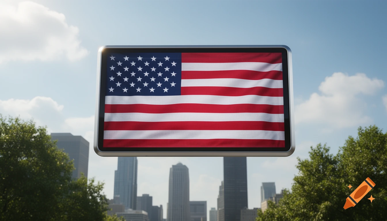 A large rectangular screen displaying a waving American flag, set against a blurred city skyline under a cloudy sky.