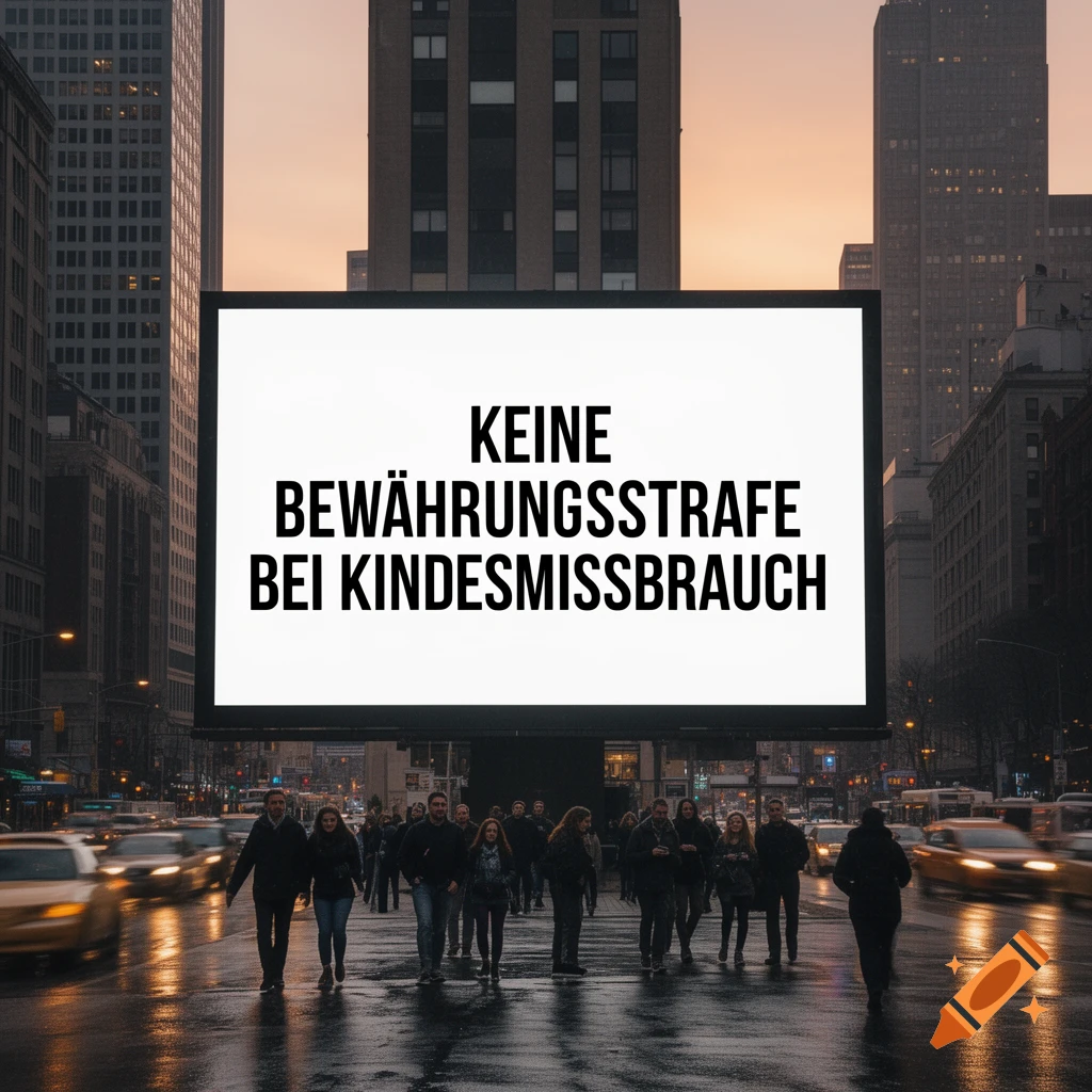 A large billboard displaying German text "KEINE BEWÄHRUNGSSTRAFE BEI KINDESMISSBRAUCH" stands over a busy city street with people and cars at dusk.