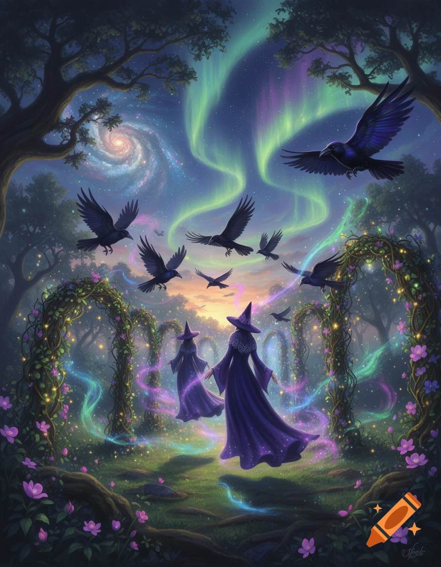 Two witches in purple robes walk through a magical forest with glowing arches, under a vibrant aurora and starry sky, with ravens flying.