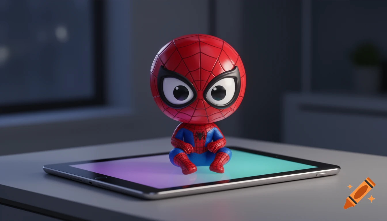 A cute chibi Spider-Man 3D render figure with large eyes and classic red and blue suit sits on a tablet with a colorful screen.