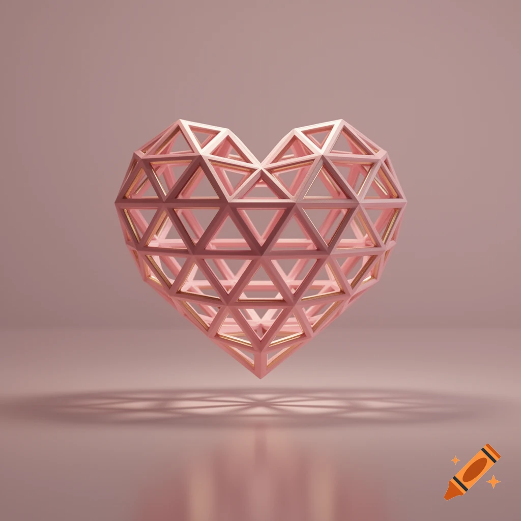 A rose gold geometric heart made of triangular latticework floats above a reflective surface, casting a shadow.
