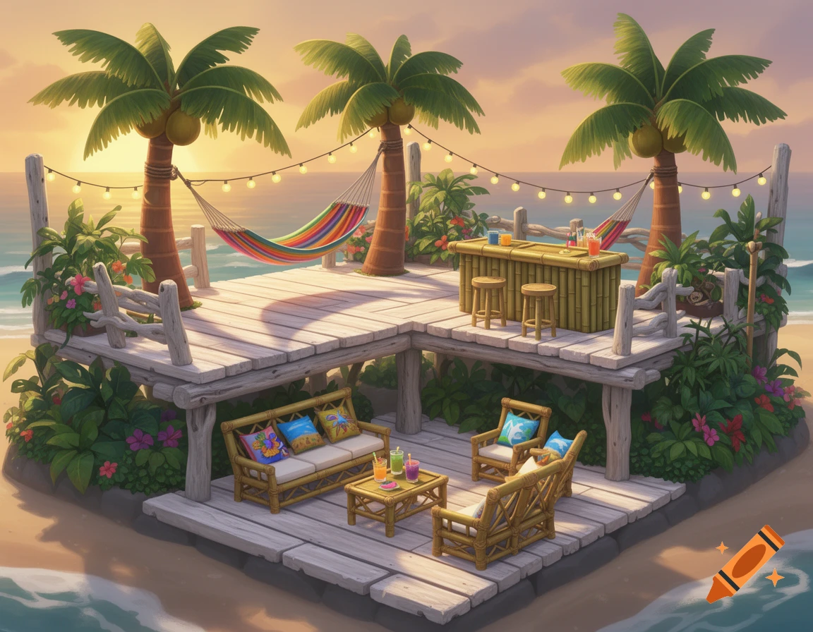 A two-level beach-themed patio deck with palm trees, hammocks, a tiki bar, and seating, in a vibrant video game art style.