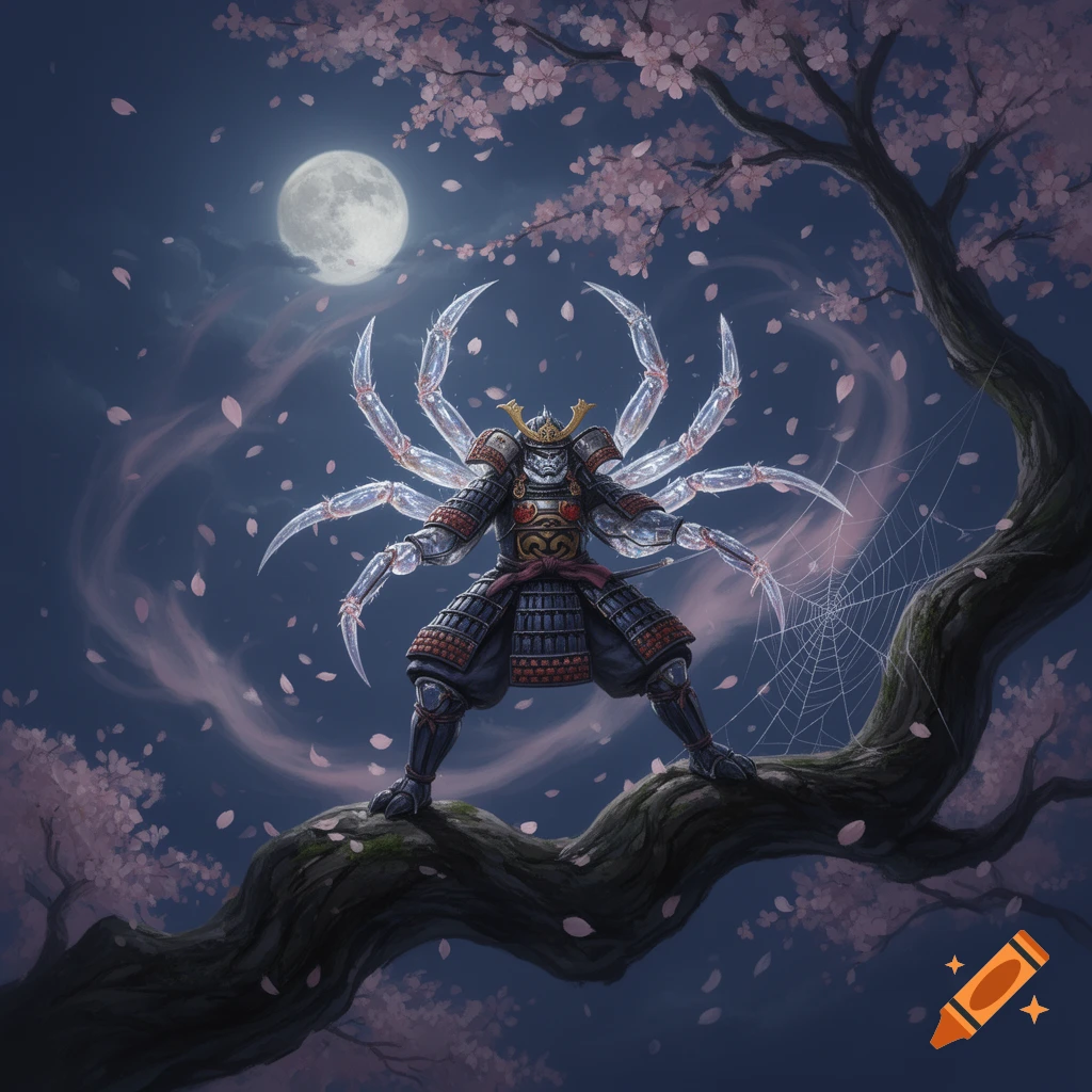A spider samurai in armor stands on a cherry blossom tree branch under a full moon, with spider webs visible. Fantasy illustration.