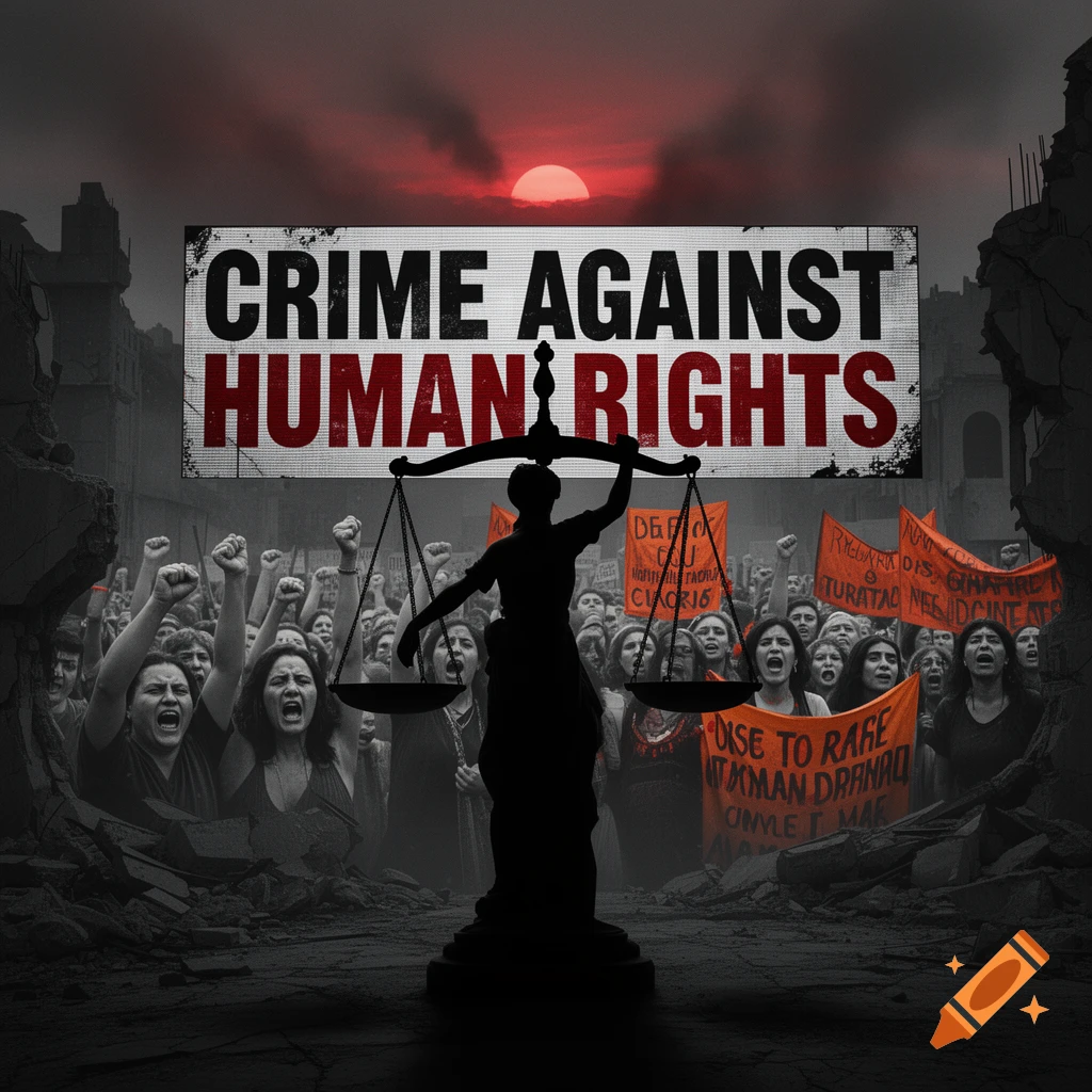 A dark, gritty image showing a silhouette of Lady Justice in the foreground, with an angry crowd protesting in the background. A large sign reads 'CRIME AGAINST HUMAN RIGHTS' above them, under a red, smoky sky.