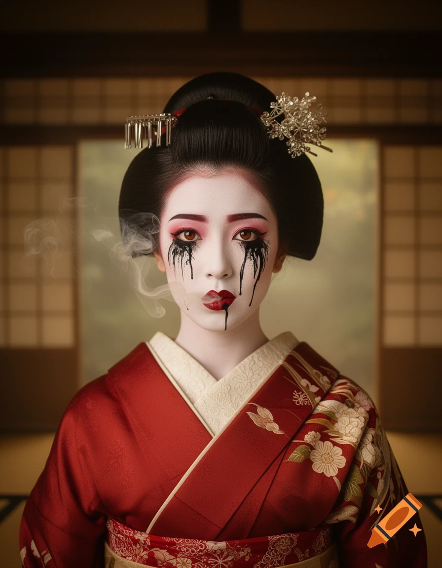 Photorealistic portrait of a geisha with smeared black eye makeup, white face, red lips, and a red kimono, with smoke.