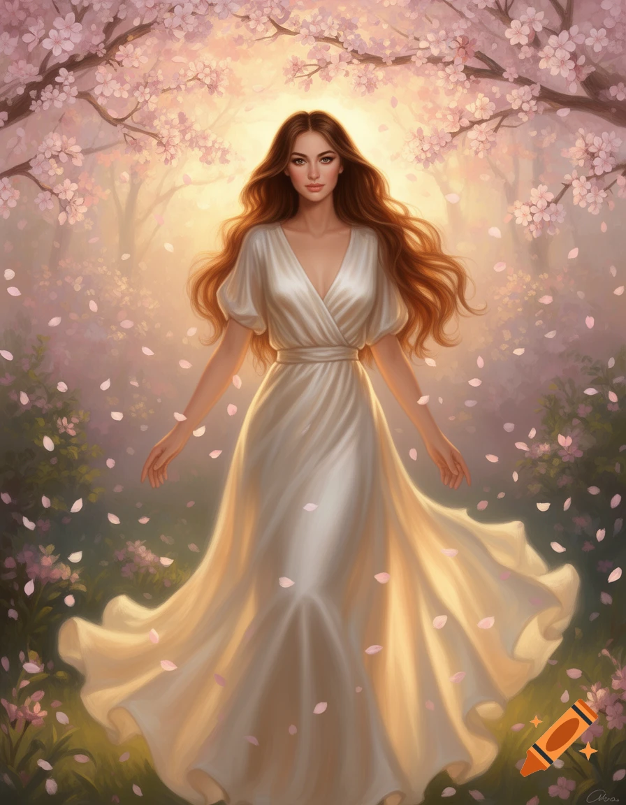 A beautiful woman with long brown hair in a flowing white dress stands ...