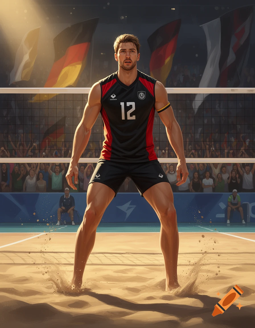 A muscular male volleyball player in a black and red jersey with number 12 stands on a sandy court, with German flags and spectators.