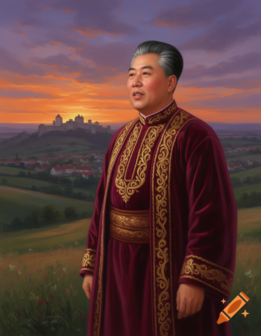 A painting of a man with gray hair in a dark red, gold-embroidered robe, standing in a field with a castle and village at sunset.