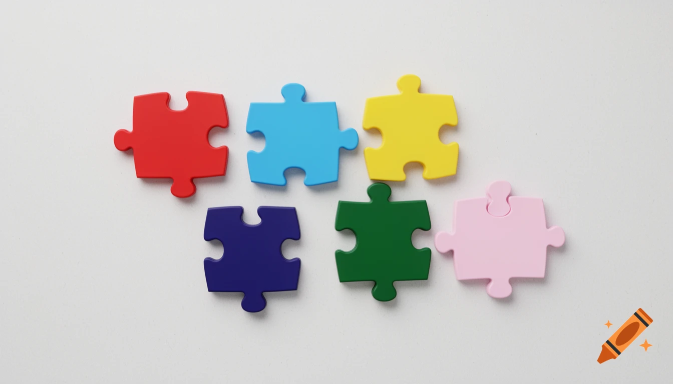 Six colorful puzzle pieces (red, blue, yellow, dark blue, green, pink) arranged on a white background, top view.