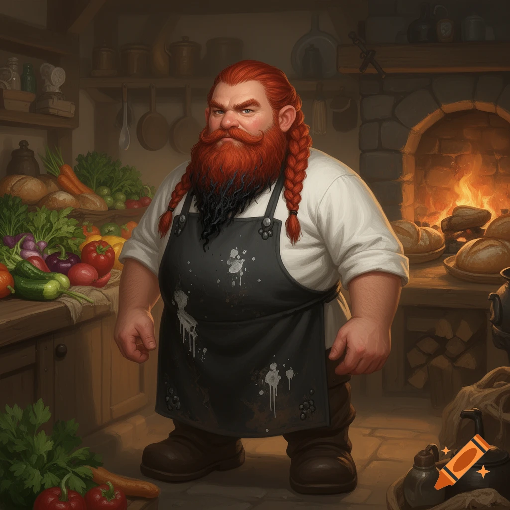 A burly dwarf with red braided hair and a long beard, wearing a stained apron, stands in a rustic kitchen with vegetables and a fireplace.