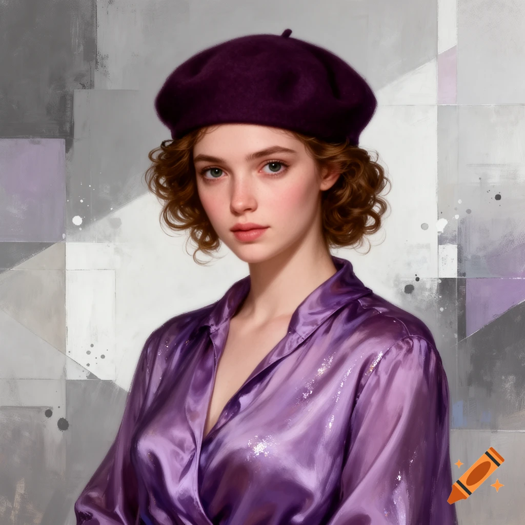 A young woman in a purple beret and shiny purple shirt against a grey and purple abstract modernist background, looking at the viewer.